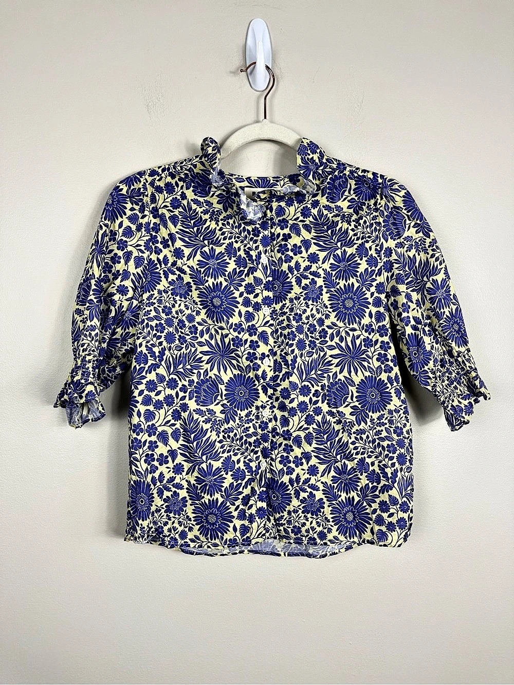 Boden Heather Smocked Sleeve Top Womens 2 Blue Yellow Floral Blouse Ruffle Work